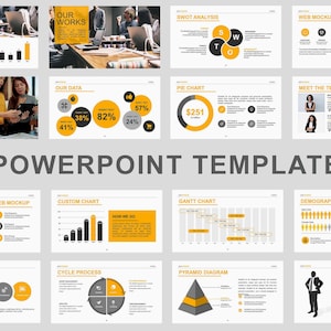 May include: A PowerPoint template with various slides featuring charts, graphs, and data visualizations. The slides have a white and grey background with orange and black accents. Text includes "OUR WORKS", "SWOT ANALYSIS", and "POWERPOINT TEMPLATE".