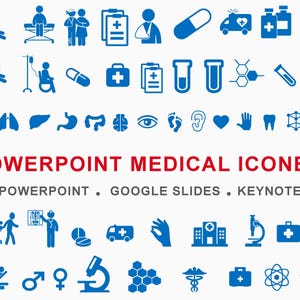 May include: A collection of blue medical icons, including illustrations of medical equipment, body parts, and healthcare professionals. The text "POWERPOINT MEDICAL ICONES" is displayed in red, with additional text below indicating compatibility with PowerPoint, Google Slides, and Keynote.