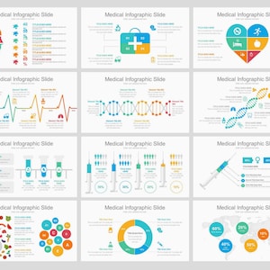 May include: A collection of medical infographic slides with various charts, graphs, and illustrations. The slides feature a color palette of blue, green, orange, and yellow. The slides include text and icons related to healthcare and medical concepts.