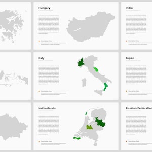 Könnte beinhalten: Eine Sammlung von neun Kartenillustrationen, die jeweils ein anderes Land oder eine andere Region darstellen. Die Karten sind hauptsächlich grau, wobei einige Regionen in Grün, Blau und Rot hervorgehoben sind. Jede Karte wird von einem Textfeld und einem kleinen orangefarbenen Punkt begleitet.