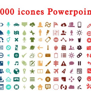 Puede incluir: Un conjunto de iconos coloridos para presentaciones de PowerPoint. Las imágenes incluyen símbolos de personas, tecnología y varios objetos, con el texto "3000 icones Powerpoint" en rojo.