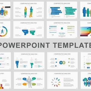 Puede incluir: Una plantilla de PowerPoint con múltiples diapositivas que presentan gráficos de análisis comparativo. Las diapositivas utilizan una variedad de gráficos, gráficos e ilustraciones coloridas, incluyendo figuras humanas, gráficos de barras y gráficos circulares. El texto "POWERPOINT TEMPLATE" se muestra de forma destacada.