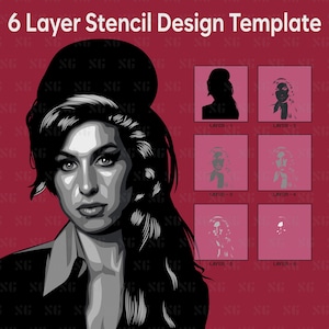 Amy Winehouse 6 Multi Layer Stencil Design Vector SVG Files For Wood or DIY Paper Portrait | Print & Cut Ready Files