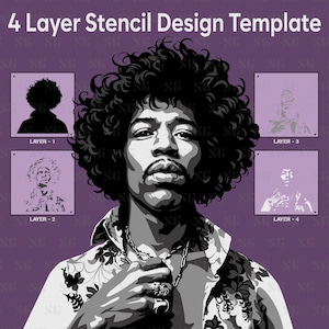 May include: A black and white stencil design template featuring a portrait of a musician with curly hair. The design is divided into four layers, each showing a different stage of the stencil. The text "4 Layer Stencil Design Template" is at the top.