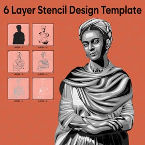 May include: A six-layer stencil design template featuring a black and white illustration of Frida Kahlo. The template includes six layers, each with a different level of detail, for creating a layered stencil design.