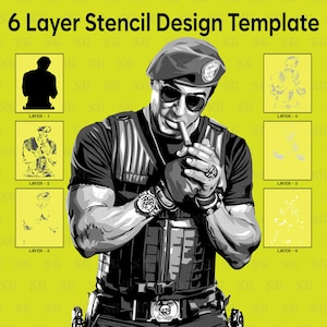 Puede incluir: Una plantilla de diseño de plantilla con una ilustración detallada de una persona con boina, gafas de sol y un cigarro. La imagen está dividida en seis capas, cada una mostrando una etapa del diseño de la plantilla. El texto "6 Layer Stencil Design Template" está en la parte superior.