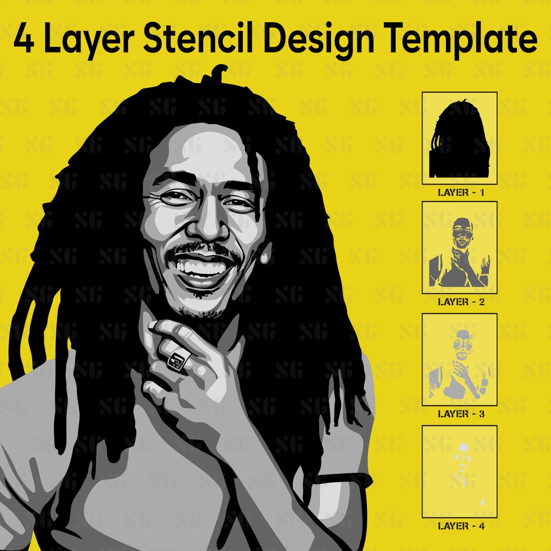 Bob Marley Stencil SVG 4 Layer Design | Multilayer Portrait Vector Cut ...