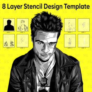 May include: A black and white stencil design template featuring a portrait of a man. The image includes eight layers, each depicting a stage of the stencil design. The text "8 Layer Stencil Design Template" is at the top.