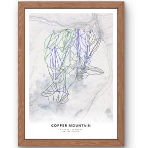 May include: A black and white illustration of the ski runs at Copper Mountain, Colorado. The illustration is on a white background with a light blue watercolor effect. The text "COPPER MOUNTAIN" is below the illustration, along with the elevation, "9,712 ft - 12,441 ft", and "UNITED STATES".