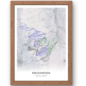 May include: A black and white illustration of the ski runs at Breckenridge Ski Resort in Colorado. The map shows the different levels of difficulty for the runs, with blue runs for beginners, black runs for intermediate skiers, and green runs for advanced skiers. The text "Breckenridge 9,600 ft - 12,998 ft UNITED STATES" is at the bottom of the map.
