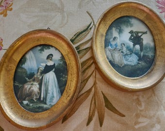 2 Oval Florentine framed prints, made in Italy, 1970s