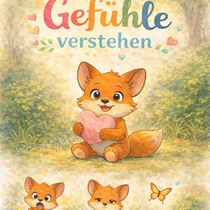 Puede incluir: Ilustraci&oacute;n caprichosa de un zorro de dibujos animados sosteniendo un coraz&oacute;n rosa, con el texto alem&aacute;n "Gef&uuml;hle verstehen" arriba. Tambi&eacute;n se representan dos zorros m&aacute;s peque&ntilde;os y una mariposa en un entorno herboso, con una paleta de colores c&aacute;lidos.