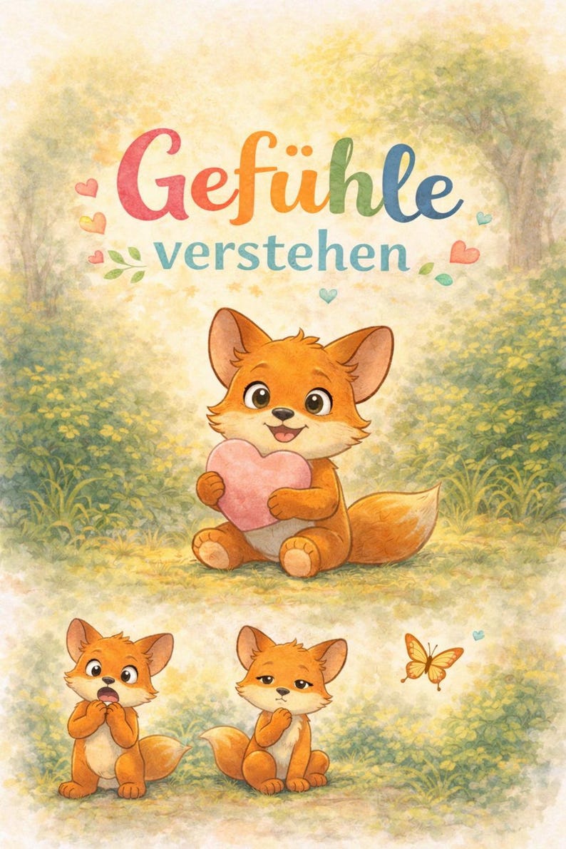 Puede incluir: Ilustraci&oacute;n caprichosa de un zorro de dibujos animados sosteniendo un coraz&oacute;n rosa, con el texto alem&aacute;n "Gef&uuml;hle verstehen" arriba. Tambi&eacute;n se representan dos zorros m&aacute;s peque&ntilde;os y una mariposa en un entorno herboso, con una paleta de colores c&aacute;lidos.