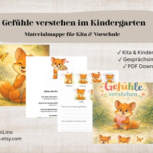 Puede incluir: Material educativo para jard&iacute;n de infancia con el t&iacute;tulo "Gef&uuml;hle verstehen im Kindergarten". La imagen presenta ilustraciones de un zorro, mariposas y hojas de trabajo. El texto incluye "Kita & Kindergarten", "Gespr&auml;chsimpulse" y "PDF Download".