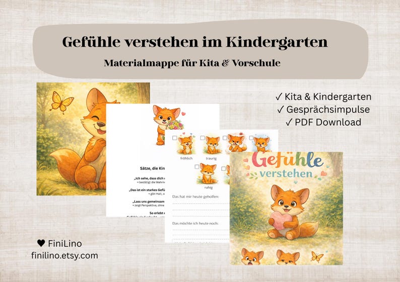 Puede incluir: Material educativo para jard&iacute;n de infancia con el t&iacute;tulo "Gef&uuml;hle verstehen im Kindergarten". La imagen presenta ilustraciones de un zorro, mariposas y hojas de trabajo. El texto incluye "Kita & Kindergarten", "Gespr&auml;chsimpulse" y "PDF Download".