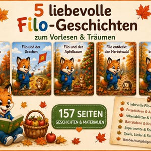 Könnte beinhalten: Eine Sammlung von 5 Kindergeschichten mit dem Titel 5 liebevolle Filo-Geschichten mit einer Fuchs-Comicfigur. Das Set umfasst 157 Seiten mit Geschichten, Projektideen, Arbeitsblättern, Bastelvorlagen, Experimenten und Liedern.