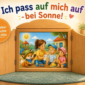May include: Wooden Kamishibai theater with a colorful illustration of children and a fox. The illustration shows a woman applying sunscreen to two children. Text on the theater reads "Ich pass auf mich auf - bei Sonne!" and "Kamishibai-Geschichte für die Kita."