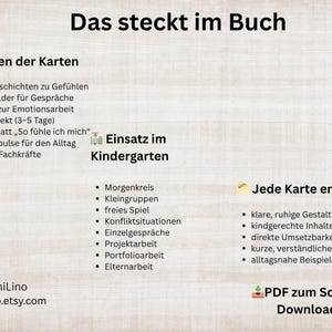 Puede incluir: Un gr&aacute;fico informativo beige claro con el t&iacute;tulo "Das steckt im Buch" y vi&ntilde;etas que detallan el contenido, incluyendo historias, juegos y proyectos. El gr&aacute;fico tambi&eacute;n enumera el uso en el jard&iacute;n de infancia y lo que contiene cada tarjeta.
