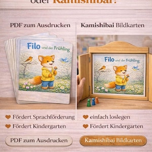 Könnte beinhalten: Bild von Lernmaterialien für Kinder. Das Bild zeigt einen Stapel Karten und einen Holzrahmen mit dem Text "Filo und der Frühling" und einem Cartoon-Fuchs. Der Text "PDF Bilkarten oder Kamishibai?" steht oben.