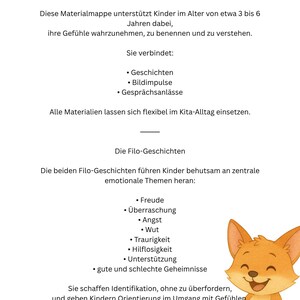 Puede incluir: Un fondo blanco con texto en alem&aacute;n y una ilustraci&oacute;n de un zorro de dibujos animados. El texto describe una carpeta de materiales para ni&ntilde;os de 3 a 6 a&ntilde;os para comprender sus sentimientos. Incluye historias, indicaciones visuales y temas de discusi&oacute;n.