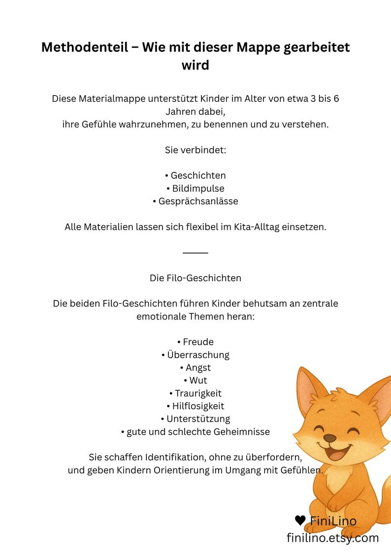 Puede incluir: Un fondo blanco con texto en alem&aacute;n y una ilustraci&oacute;n de un zorro de dibujos animados. El texto describe una carpeta de materiales para ni&ntilde;os de 3 a 6 a&ntilde;os para comprender sus sentimientos. Incluye historias, indicaciones visuales y temas de discusi&oacute;n.