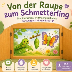 Peut inclure: Scène de Kamishibai en bois avec une illustration colorée d'une chenille, d'une chrysalide et d'un papillon. Le texte "Von der Raupe zum Schmetterling" est affiché au-dessus de l'illustration. Le texte supplémentaire comprend "Für Krippe & U3" et "PDF zum Sofort-Download."