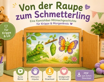 Oruga y mariposa Kamishibai | PDF para guardería | Cuento interactivo para la hora del círculo matutino | Primavera en el jardín de infancia | Desarrollo del lenguaje para niños menores de 3 años