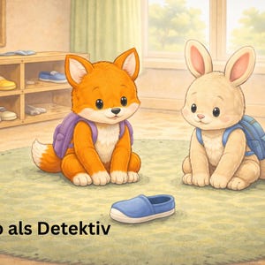 Może przedstawiać: Ilustracja kreskówkowego lisa i królika z plecakami, siedzących na zielonym dywanie. Niebieski but leży przed nimi. Tekst "Filo als Detektiv" znajduje się na dole. Buty na półce w tle.