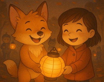 Puede incluir: Ilustración de la portada de un libro infantil. Un zorro sonriente y una niña sostienen una linterna brillante. El título dice "Filo und das kleine Licht". El texto inferior dice "Eine Geschichte zum Teilen und Leuchten".