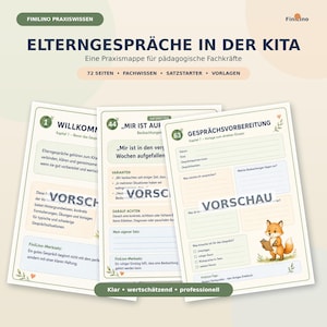 Könnte beinhalten: Eine Praxismappe mit dem Titel ELTERNGESPRACHE IN DER KITA mit 72 Seiten Fachwissen, Satzstartern und Vorlagen. Drei Beispielseiten sind abgebildet, die nummerierte Kapitel, Textfelder und eine kleine Fuchs-Illustration enthalten.