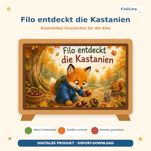 Op de afbeelding: Een rechthoekig houten frame toont een illustratie van een vos in een blauwe hoodie die kastanjes verzamelt in een herfstbos. De tekst luidt Filo entdeckt die Kastanien, Kamishibai-Geschichte für die Kita, Natur entdecken, Größen ordnen, Kreativ gestalten.