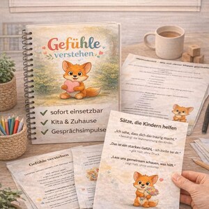 Puede incluir: Un libro encuadernado en espiral titulado "Gef&uuml;hle verstehen" (Entendiendo los sentimientos) para ni&ntilde;os de 3 a 6 a&ntilde;os, con un zorro de dibujos animados sosteniendo un coraz&oacute;n. Se ven papeles adicionales y una taza. El texto incluye "sofort einsetzbar" y "jetzt entdecken."