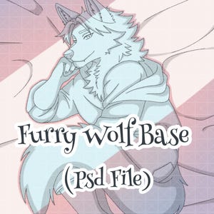 May include: A digital illustration of a wolf-like character in a relaxed pose, with light blue fur and a hoodie. The text "Furry Wolf Base (Psd File)" is displayed in a decorative font, suggesting a digital art product.