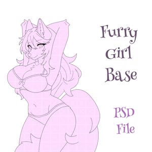 May include: A pink line art illustration of a furry girl in lingerie, with a fox-like face and long hair. The text "Furry Girl Base" and "PSD File" are in the image.