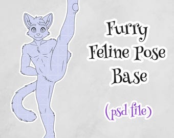 Base de pose de felino peludo con patada alta dinámica PSD / Personaje de gato antropogénico / Base de arte digital