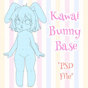 Puede incluir: Un contorno azul claro de Kawaii Bunny Base con orejas largas y pelo corto. El texto "Kawaii Bunny Base" está en escritura rosa. Las palabras "PSD File" también están en rosa.