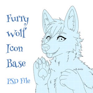 May include: A light blue line art illustration of a wolf with its paw raised. The image includes the text "Furry Wolf Icon Base PSD File" in a stylized font. The wolf has a friendly expression.