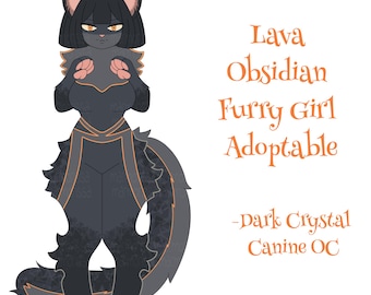 Adopción de chica furry de obsidiana de lava / Personaje original felino de cristal oscuro / Fursona adoptable dibujada a mano
