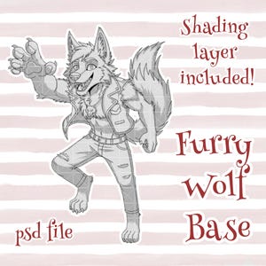 Base PSD de lobo peludo, plantilla de personaje antropogénico, bases de personajes caninos Fursona (archivo digital)