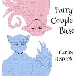 May include: Digital artwork showing two canine characters, one pink and inverted, the other blue. The text "Furry Couple Base" is displayed, along with "-Canine -PSD File."
