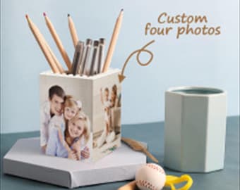 Porta-lápis de mesa personalizado com foto em formato de peças de Lego, porta-lápis personalizado com foto para a volta às aulas, presentes para pais, filhos e estudantes.