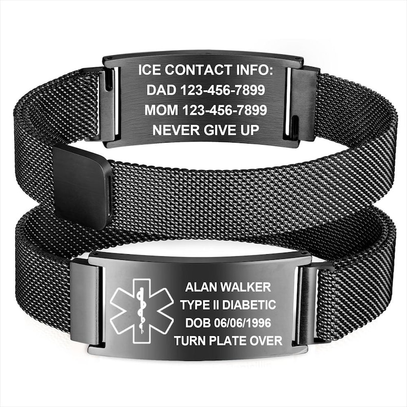 May include: Two black medical alert bracelets. One bracelet has the text "ICE CONTACT INFO: DAD 123-456-7899 MOM 123-456-7899 NEVER GIVE UP". The other bracelet has the text "ALAN WALKER TYPE II DIABETIC DOB 06/06/1996 TURN PLATE OVER".