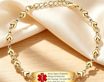 Personalized Medical Alert Bracelet Women Heart Chain Stainless Steel Engraved Red Star of Life ID Tag  Allergy diabetic alert jewelry Gift