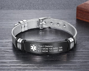 Custom Medical ID Bracelet for Men, Emergency Medical Alert Bracelet, Adjustable Strap Bracelet, Medical Jewelry Personalized Gift for Him