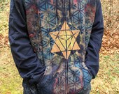 XL Merkaba Metatron's Cube Mandala Sacred Geometry Zip Hoodie w/ Flower of Life, Honeycomb, and Hexagon Tesselation