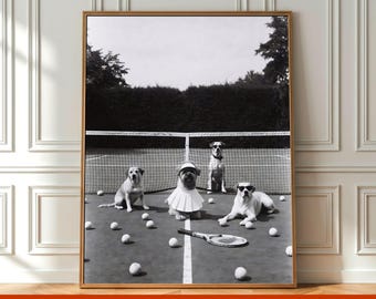 Vintage Black & White Tennis Dogs Poster Wall Art, Retro Dog Tennis Court Photo Print, Funny Animal Sports Decor, Printable Digital Download