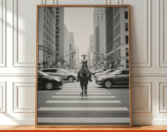 Vintage Cowboy in New York Wall Art, Retro Black and White Western Photo Print, Cowboy Horse in NYC Traffic, Analog Style, Digital Download