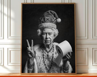 Christmas Funny Bathroom Wall Art Decor, Vintage Queen Portrait Gift for Friend Midcentury Poster Print Royal Toilet Humor Present Bar Decor