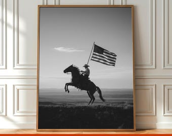 Black and White USA Flag Cowboy Wall Art, Vintage Horse Print, Patriotic Photography Poster, Western Cowboy Poster, Printable American Decor
