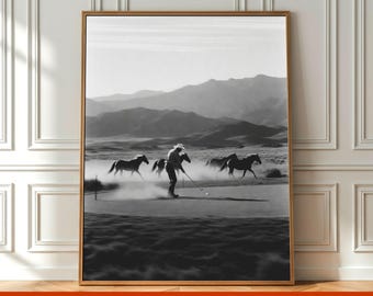 Vintage Cowboy Golf Poster Wall Art, Retro Black and White Western Golf Photo, Cowboy Golfer Sports Art Print, Golfer Gift, Digital Download